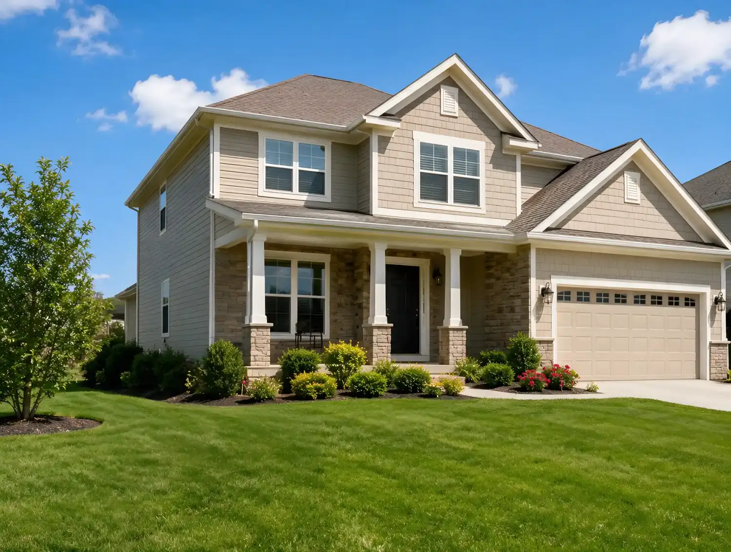 A suburban home with new GAF roofing and new beige CertainTeed vinyl siding.